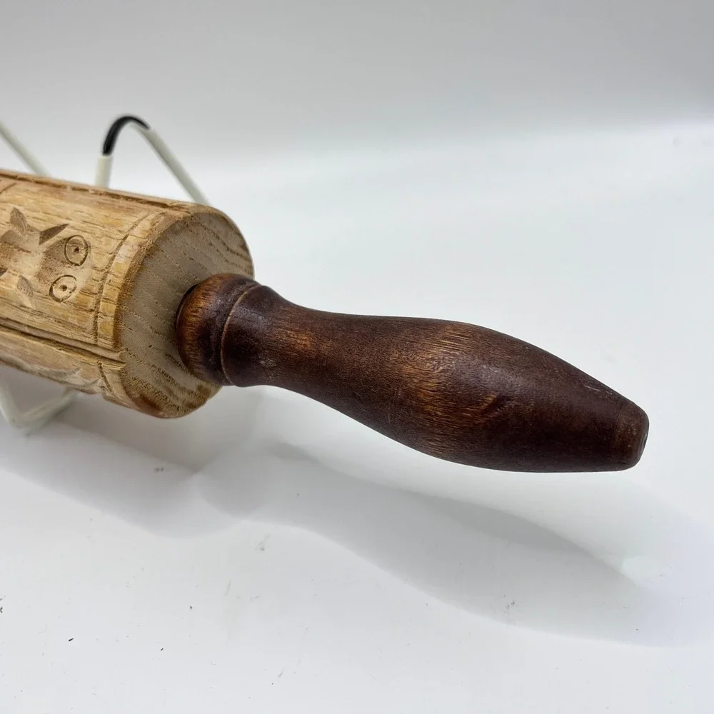 Vintage Hand Carved Wooden Springerle Rolling Pin Folk Art Cookie Mold Press